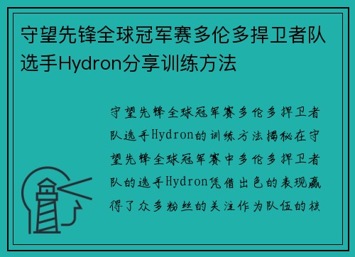 守望先锋全球冠军赛多伦多捍卫者队选手Hydron分享训练方法