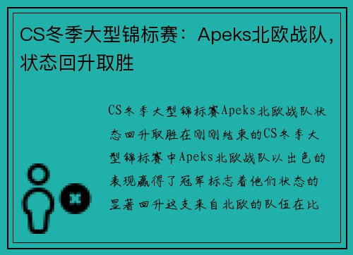 CS冬季大型锦标赛：Apeks北欧战队，状态回升取胜