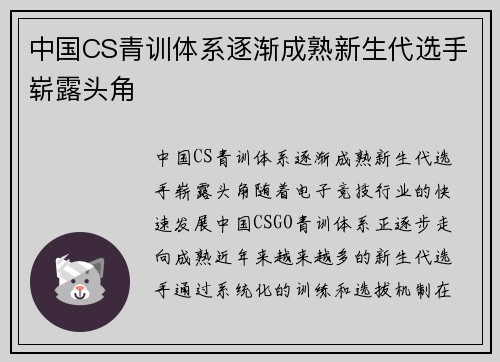 中国CS青训体系逐渐成熟新生代选手崭露头角