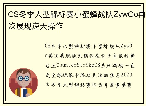 CS冬季大型锦标赛小蜜蜂战队ZywOo再次展现逆天操作